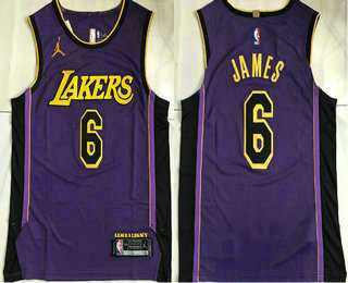 Mens Los Angeles Lakers #6 LeBron James Purple 2022 Jordan AU Stitched Jersey